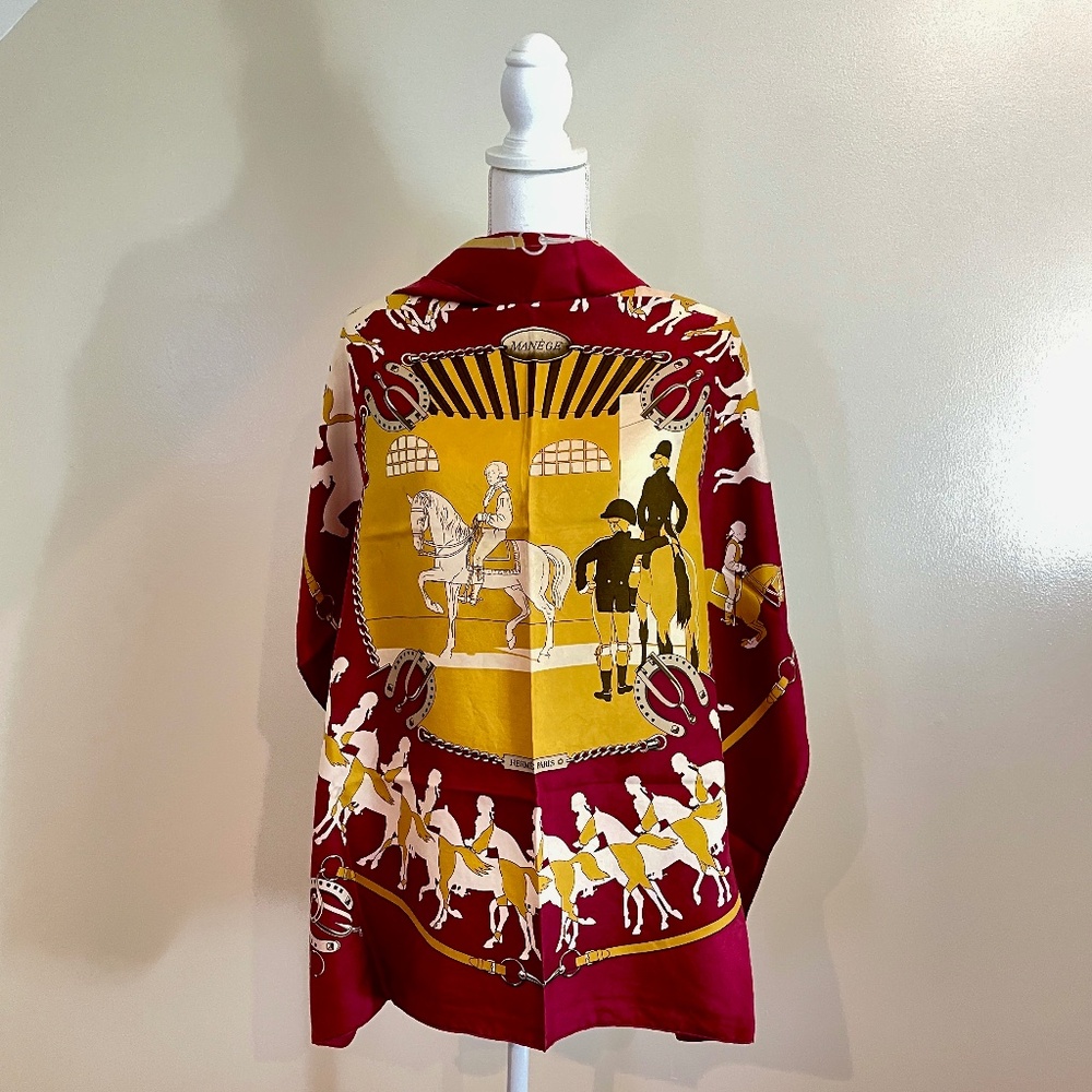 Hermès Philippe LeDoux Menège Vintage Silk Equestrian Scarf, 1974